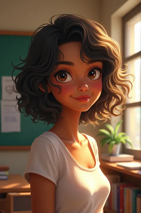 A 20-year-old teacher with short wavy hair, dark skin and brown eyes 
