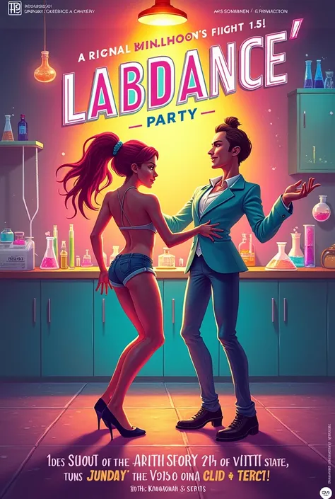 Design a vibrant, colorful party poster for a freshman event with the theme ‘LabDance.’ The central visual should show anthropomorphized laboratory equipment performing a ‘LabDance,’ where a female-looking lab instrument (such as a beaker or test tube) dan...