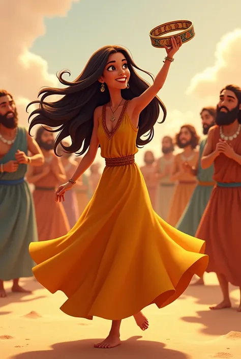 animation of miriam from the bible dancing with a tambourine in her hand