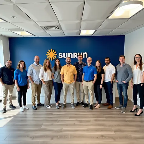 A group photo of a team of people standing in front of a Sunrun logo backdrop