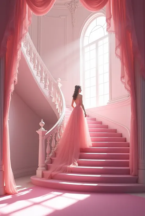 Fairytale inside castle  in pinks and whites with curved staircase with voiles, swags and tails in pink cinderella in ballgown comi g down the stairs