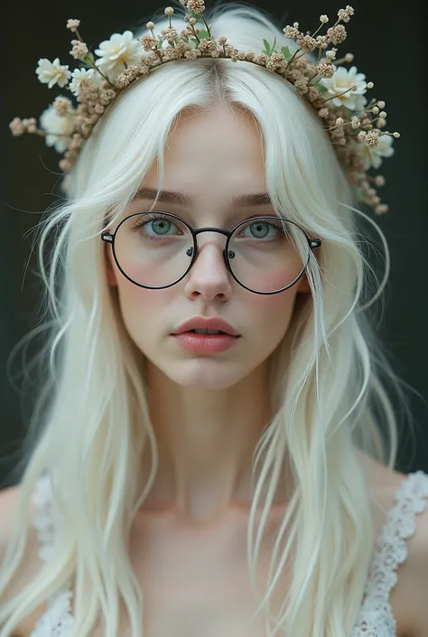 The image is a high-resolution photograph featuring a young woman with a striking, ethereal aesthetic. She is a light-skinned woman with long, platinum blonde hair cascading down her back, styled with a delicate, ornate headpiece that includes small, delic...