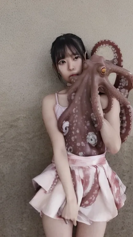 one woman,,(() ,(((blushed))), ((octopusの触手)), (((octopus)))((mouth open)),((mini skirt, bodysuits))(happy ahegao),wet with swea...