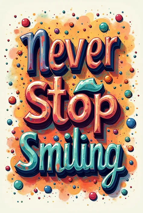 Image of the phrase “never stop smiling” in Spanish with two fonts and a creative and colorful design