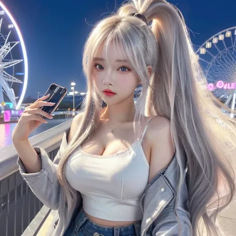 a close up of a person holding a cell phone near a ferris wheel, realistic anime 3 d style, anime styled 3d, silver hair (ponytail), blonde anime girl with long hair, anime girl with long hair, perfect white haired girl, anime vibes, anime barbie in white,...