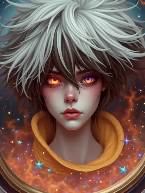 (Close-up of a better masterpiece:1.5)0.9], (Space and astronauts:1.2) (Messy silver hair:1.1) (Heterochromia xanthochromia and blue eyes:1.2) (Space Helmet:1.0) (Colored stars in the eyes:1.0) (A radiant glow:1.1) (thick lips:0.9)