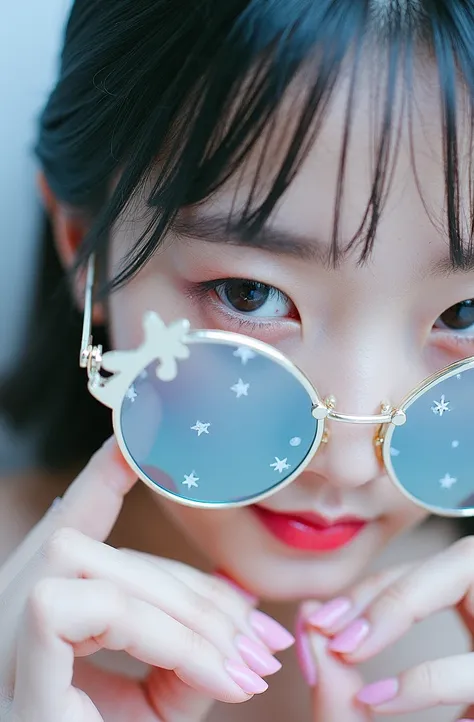 The model is wearing glass sunglasses with stars and the moon on the glass