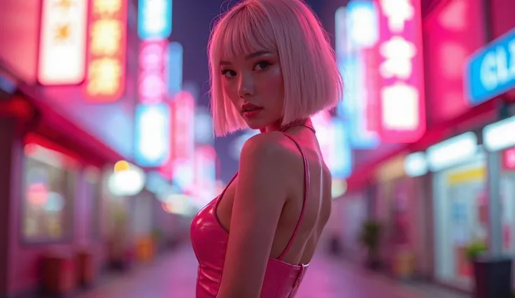 A japanese pop idol girl with platinum blonde bob hair and (black eye), luxury pink Leather T-back and High leg modern sexy leotard, (cameltoe), open leg, big sole sneakers, captured from head to toe. She stands with one foot slightly forward, fully visibl...