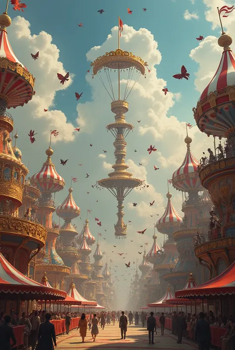 realistic drawing of a giant circus with playing cards flying 