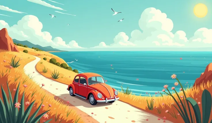 Create a background style drawing of a care and a road to the sea