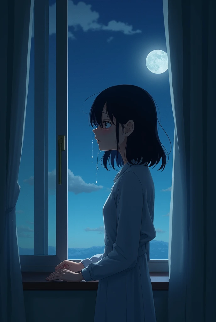 Anime girl near the windows, moonlit night outside, anime girl crying from sadness and longing, tears are streaming down my face, a lot of tears 