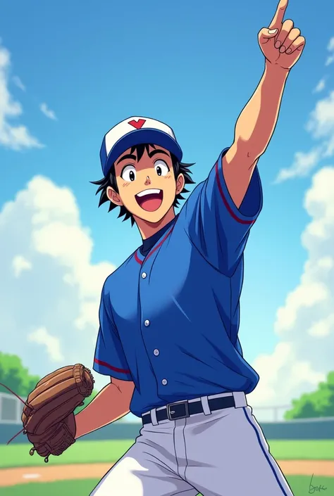 2d illustration. Young Japanese, attractive and athletic, running raising his left arm in the air pointing to the horizon while smiling happily, dressed in a royal blue and white baseball uniform