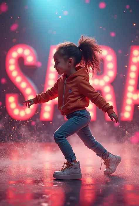 Créer une image d’une fille d’environ 10 ans dansant du hip hop. La scene doit être très cool et en arrière plan on doit voir le nom SARA en 3D avec des éclats de poussière colorés 