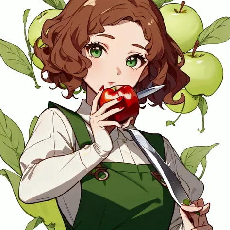 (masterpiece, best quality) detailed, a girl wearing a green overall, with short curly brown hair, ((she is cutting an apple wit...