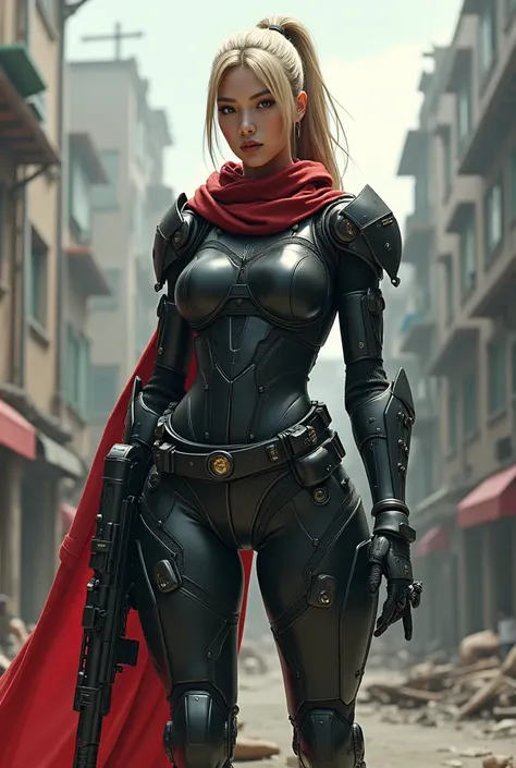 (Female Ninja Cruel Mech: 1.3, Full body covered mech, a rifle in the hands, digital SLR camera, light tracking, 3D, Conceptual art, Action painting, Movie lighting, chiaroscuro) :(1.3). Highlighting the curve of the chest, Long blond hair tied back in a p...