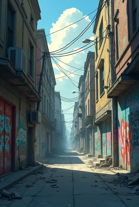 An urban landscape with graffiti or broken walls, symbolizing the impact of crime on the community. animation type




