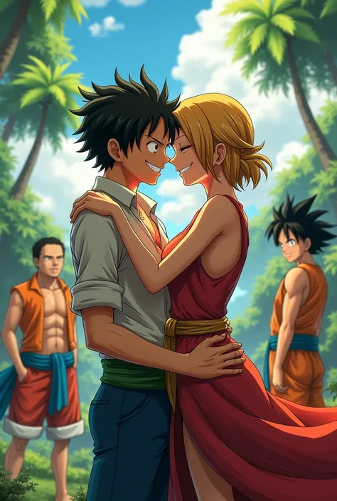 Zoro roronoa and sanji vinsmoke kissing while luffy, Goku is behind them