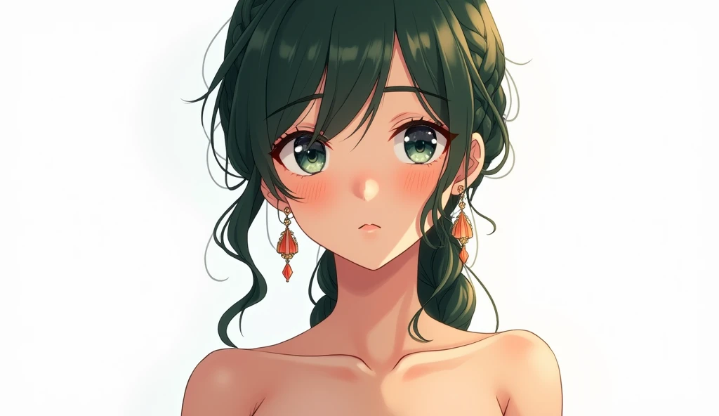 beautiful, young woman, freckles, anime drawing, bare shoulders, close up,
(camera positioned above breasts), plain white background, great lighting,
earrings, strapless, cinematic, braided dark green hair