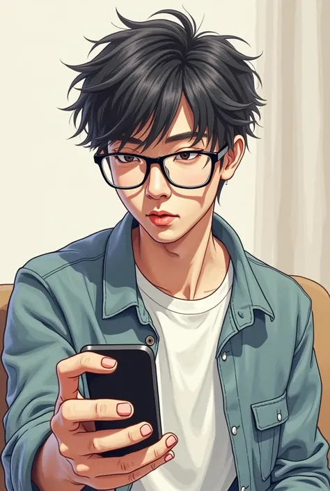 Young man with glasses and a remote control in his hand in drawing 
 