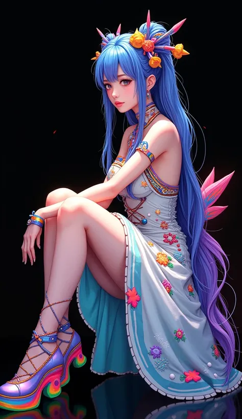 A realistic depiction of a beautiful Japanese girl、She is in a sitting pose、Wearing colorful and fantastical costumes。For a white-based dress,、Artistic fluorescent patterns are drawn、The overall design is pop and energetic.。Her legs are covered in colorful...