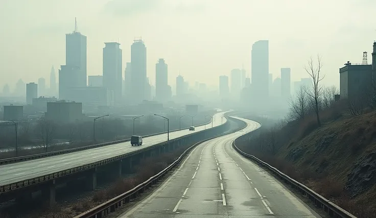 Create a drawing with a grey city background and a highway with no cars