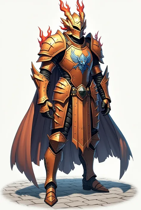 Alone, high resolution, best quality, quality, super detail, high quality, illustration,  Anime style, anime.

The full orange plate armor with red details.
The helmet is closed, with a straight visor adorned with flame engravings on the sides. Small horiz...