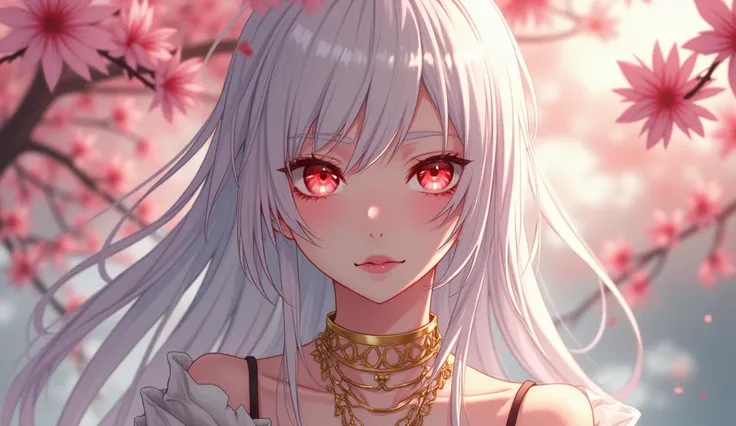 Anime girl with red eyes and long white hair with shadows and white spring clothes with golden and shiny jewelry +18 that shows the body or from the chest up. Spring background with pink flowers