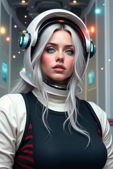 Close-up of the best masterpiece:1.5)0.9], (Space and astronauts:1.2) (Loose silver hair:1.1) (Heterochromia: xanthochromia oti blue eyes:1.2) (Space helmet:1.0) (Colored stars in the eyes:1.0) (Shining light:1.1) (full lips:0.9)