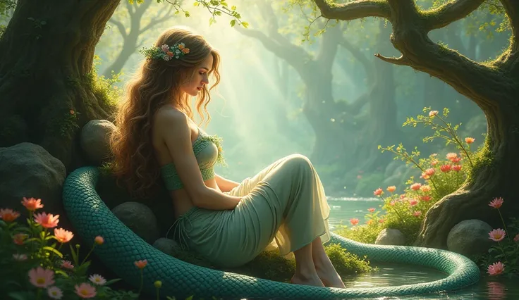 "A cute woman with a beautiful, flowing plush serpentine tail instead of legs, lounging gracefully in a lush, enchanted forest. She has long, wavy hair cascading down her shoulders. The forest is filled with vibrant, colorful flowers, ancient trees with tw...