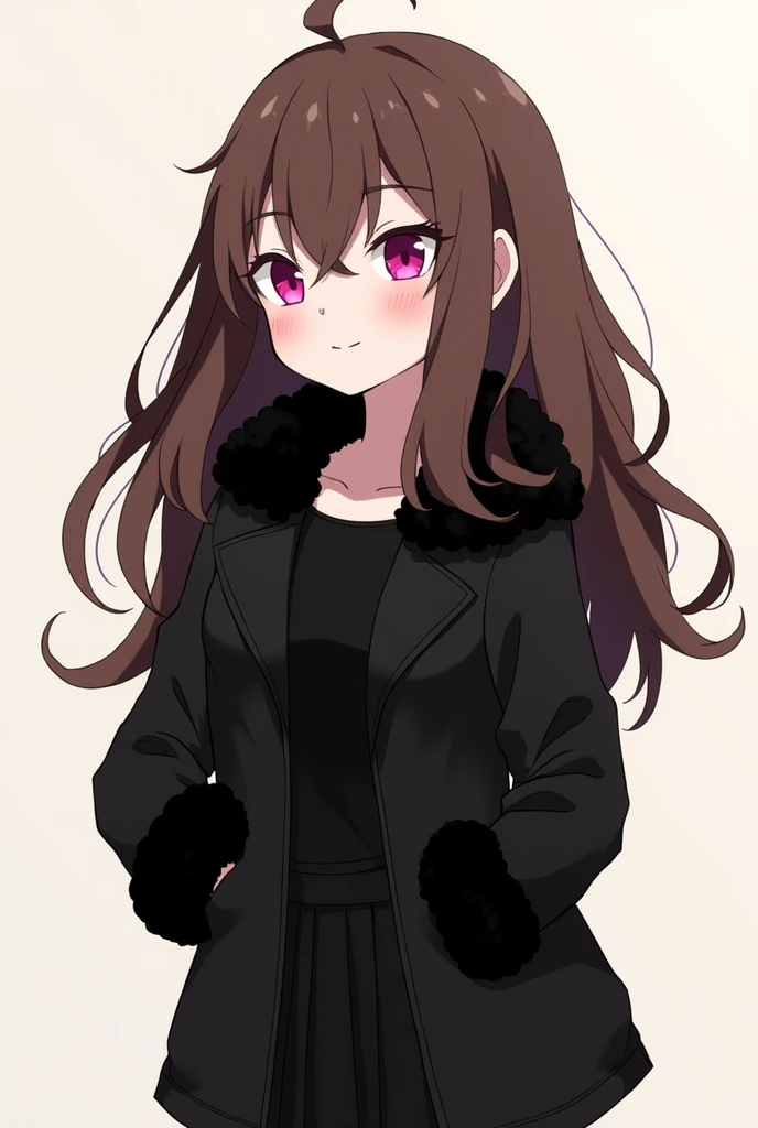 Create an image of an animated girl wearing a black jacket with velvet on the collar of the jacket and having a black top and a black skirt and having pink eyes with brown hair.