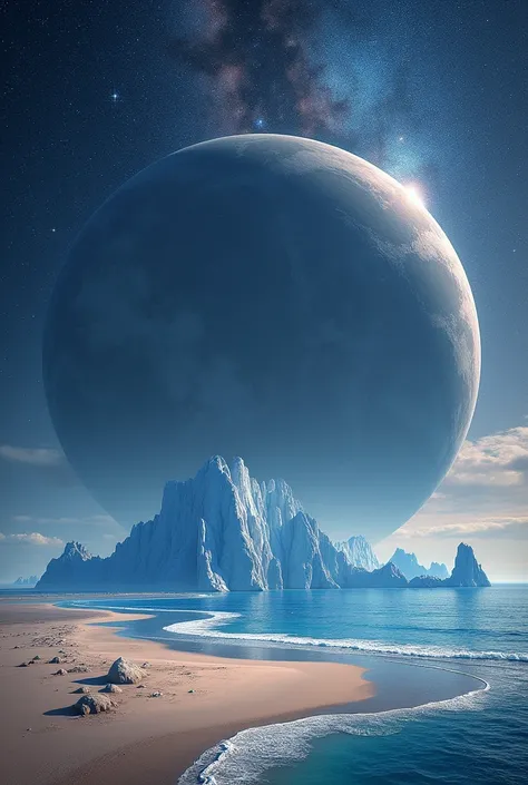 Giant planets, At night, Starry Sky, Surrealism, masterpiece, High resolution、Impressive Milky Way:1.9、Sandy Beach、Vast blue ocean、Blue Glacier、light:1.9