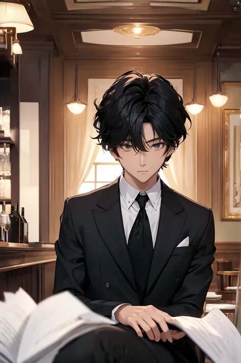 a handsome anime man with black hair, extremel y detailed face and eyes,big breasts, wide hips, wearing a well-fitted, classic suit jacket worn with a dress shirt and a necktie,in luxury  restaurant,sitting pose