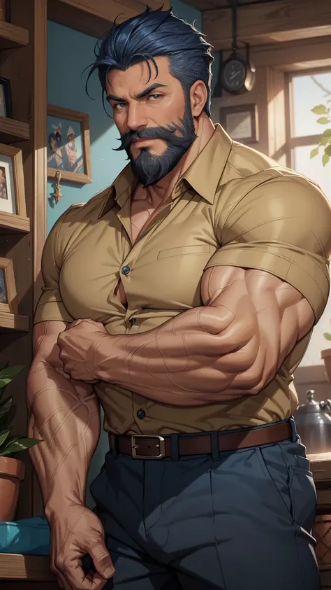 a muscular man, middle-aged, 56 y.o, quiff hairstyle, dark blue hair, dark blue mustache, dark blue beard, beige blouse, dark brown khaki trousers, handsome face, detailed eyes, nose and lips, 8k, high quality, photorealistic, dramatic lighting, cinematic