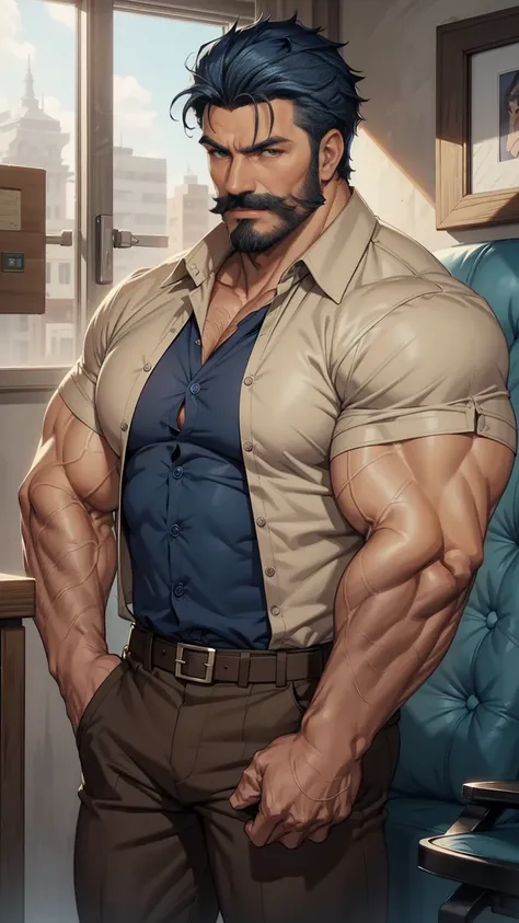 a muscular man, middle-aged, 56 y.o, quiff hairstyle, dark blue hair, dark blue mustache, dark blue beard, beige blouse, dark br...