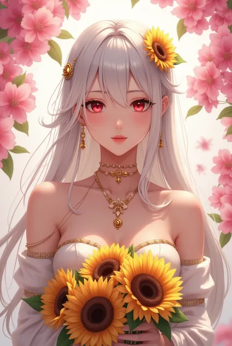 Anime girl with red eyes and long white hair and white spring clothes with shiny golden jewelry +18 that shows the body or from the chest up. Spring background with pink flowers. Holding a bouquet of sunflowers with a smile 