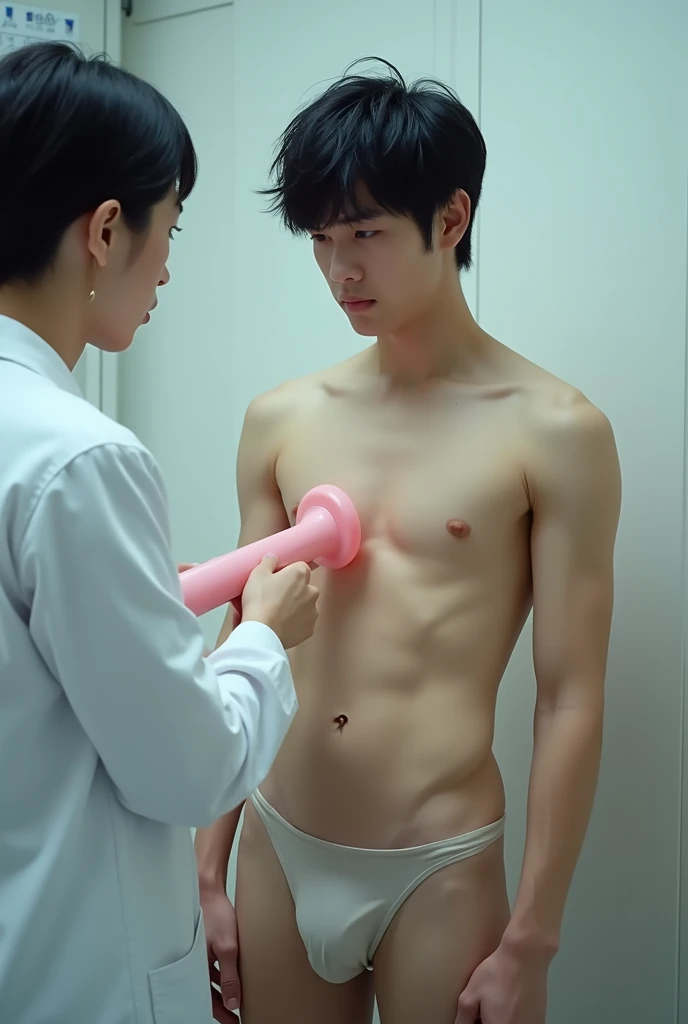 1boy、Photo Quality、Handsome Men、アイドル顔のbeautiful顔、Mash Hair、Japanese male, 、Completely naked、Full nudity、erection、Huge penis、Best Quality、Realistic、beautiful、Sad look、A doctor holding a giant pink acrylic wand is looking at him.、Hospital examination room