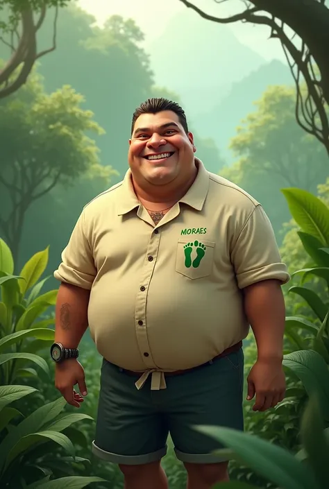 A chubby guy with a shirt with a little green foot in the Pantanal written Moraes on top