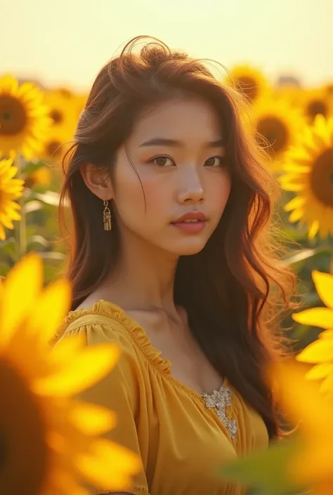 A young girl in a sunflower environment with brown hair, almond-shaped eyes, a slightly pronounced nose and cheeks, Hasla with 22 years and Asian eyes, less ears and a little more nose

