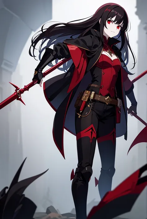 1 vampire girl, medium length brunette hair, red eyes, pale skin, wielding bo staff, wearing assassin clothing