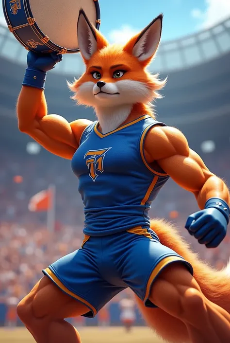 Muscular fox in blue outfit holding a cheer drum and drumstick