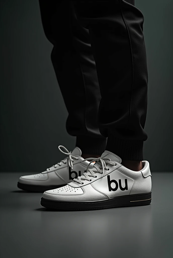 a man wearing a luxury brand sneaker shoe with the "BU" minimalist abstract logo  on the left side of the extremely detailed, high quality, cinematic lighting, photorealistic, hyperrealistic, masterpiece, 8k, studio lighting, hyper detailed, sharp focus