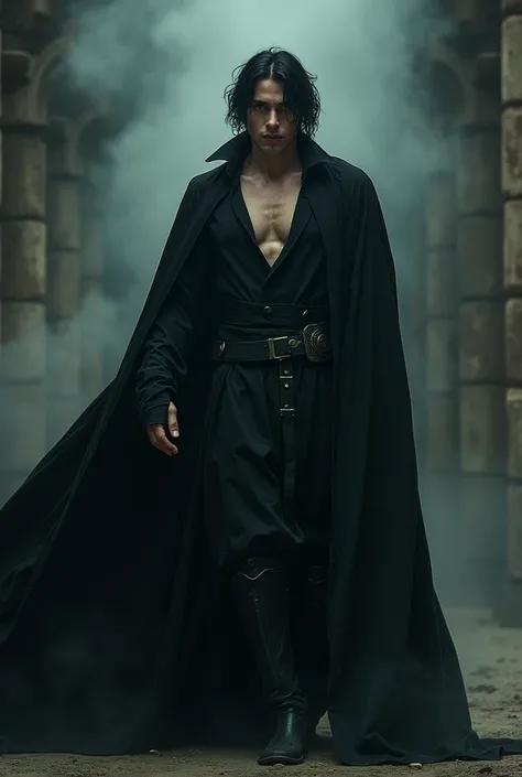 A dark lord appearing in full body, from head to toe, in his castle of darkness. He is sinister and frightening, but he is actually a good person who suffered a lot in the past, got involved with the dark arts and now wants revenge. he is young, medium hei...