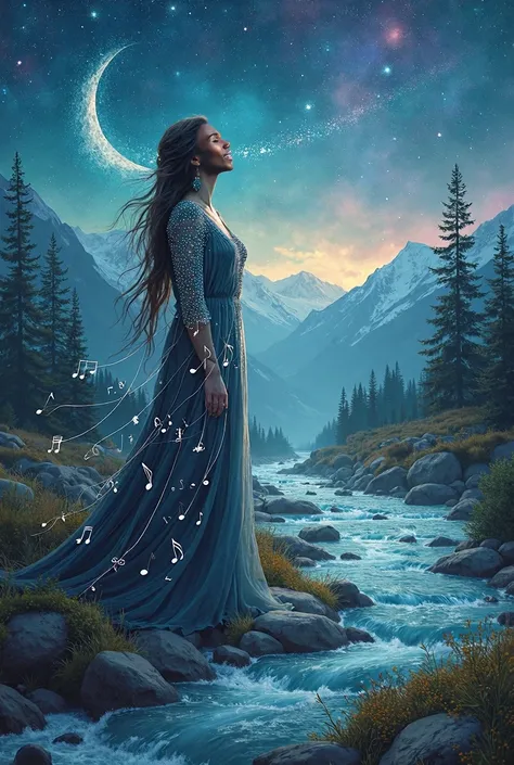 (((singing))) adorned with intricate musical notes)), blending into a ((beautiful natural landscape that includes a flowing river with sparkling waters, snow-capped mountains and a starry night sky with vibrant constellations)) The interplay of light and s...