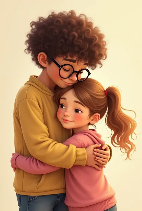 a tall boy with curly hair ,brown skin tone and black glasses, giving a warm hug to a girl with doe eyes and long, flowing hair with a ponytail. She’s dressed in a cute pink outfit, her yellow skin tone contrasting nicely with the boy’s brown skin. Their h...