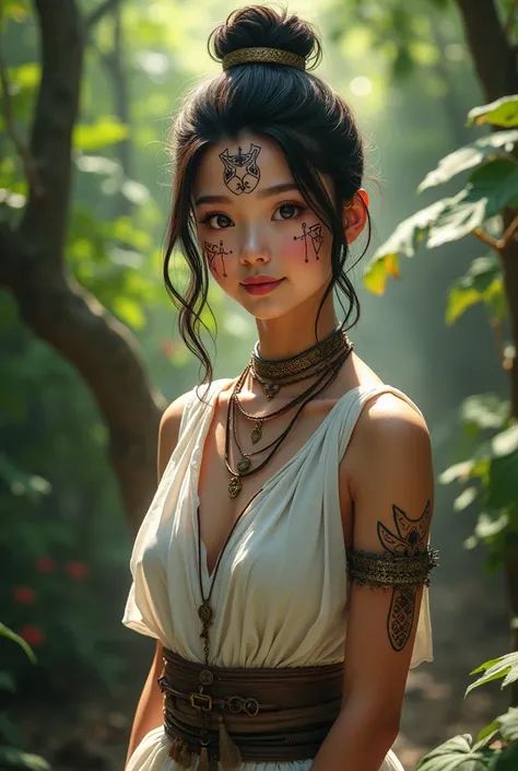 One girl, Jomon people、Jomon period、Jomon Girl、Jomon Gal、Jomon Tattoo、Tribal Tattoos、accessories、Stylish、nature、White clothes smile、Bun Hair