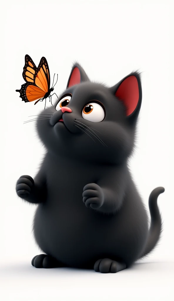 Chubby, cute, fluffy little black cat, the little black cat looked up, a big beautiful butterfly landed on its nose, cute and well-behaved little black cat, red-faced and smiled happily, funny facial expressions, exaggerated movements, 3D character, white ...