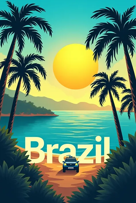 Written brand logo "CAPITAL BRAZIL" with a background of coconut trees and blue sky and a big yellow sun in the sky and a car passing by 