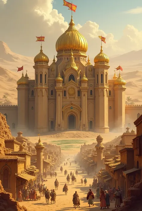 Generates a giant castle with a more golden gothic look, that at the tips of the castle there are flags in a summer landscape, in the middle of the desert, People traveling on camels, houses built with sand and mud, people selling and many streets within t...