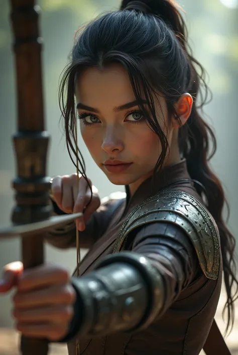 female archer, Young woman, tender woman, brunette woman, beautiful de cara, super model, 2, brown hair, tied hair, type: throws arrows, big tits, big buttocks, very small waist, full body. healing power. beautiful, grey eyes. Combat Academy. realistic, pi...