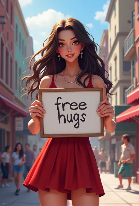 Beautiful girl with long wavy hair, extremely short dress, holding a whiteboard with the text "Free hugs" and showing it to the viewer on the street